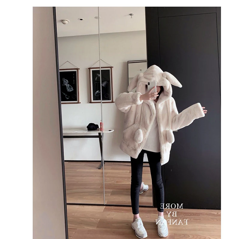 Nerazzurri Spring Fluffy Jacket with Rabbit Ears Raglan Sleeve Zipper Oversize Light Soft Harajuku Kawaii Faux Fur Hoodie 2021