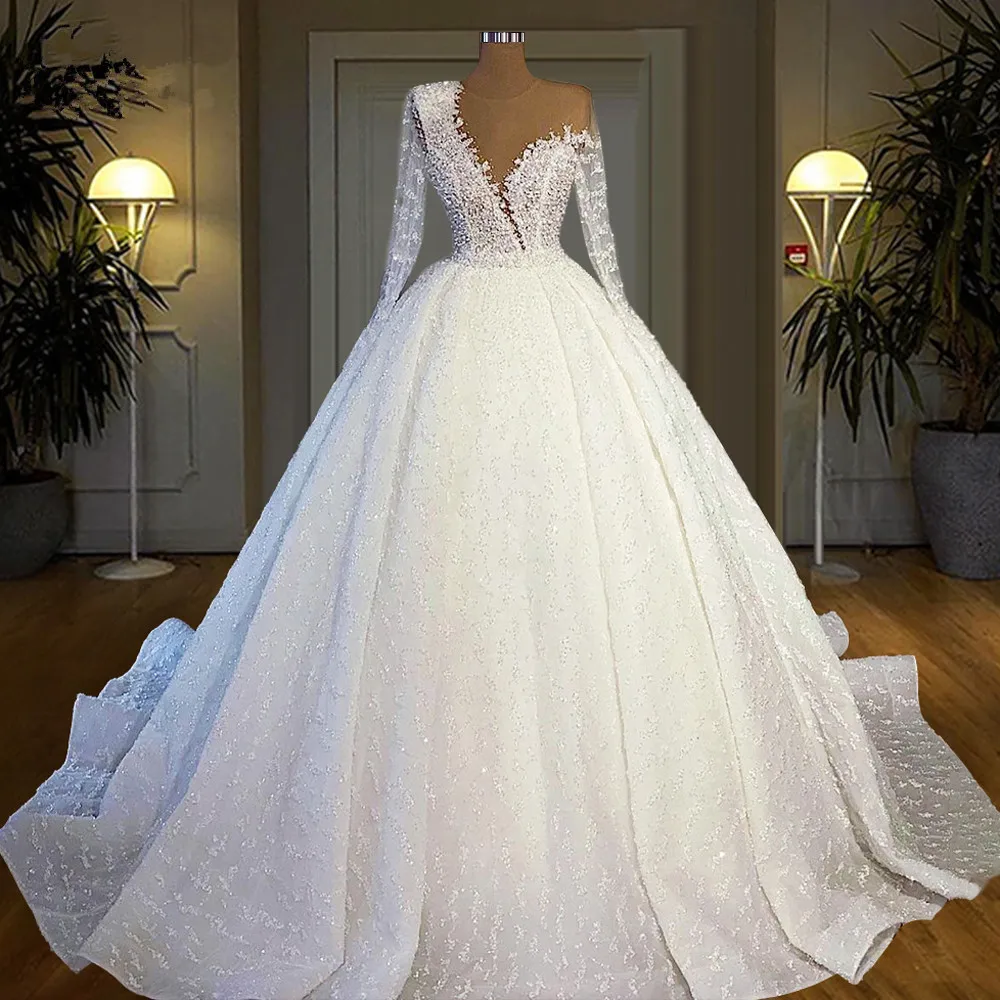 

Luxury Pearls Beadings Wedding Dress Lace Appliques Ball Gown Long Sleeves Floor Length Custom Made Bridal Dress Robe De Mariee