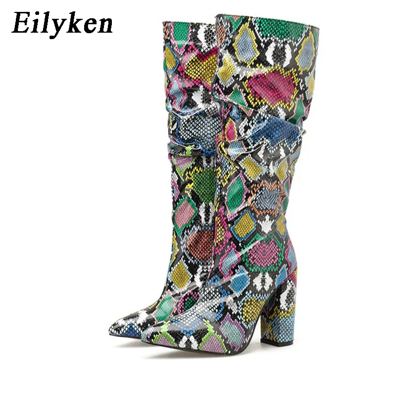 Eilyken Colorful Snake Skin Boots Women High Heels Thick Mid-calf Boot Distressed Pointed Toe Zip Pleated Slouch Shoes