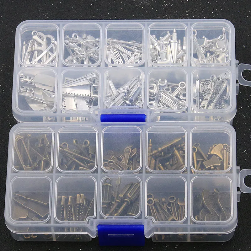 

1Set 100Pcs/Lot 2 Color 10 Styles Charm Saw Axe Hammer Mix Tool Pendant With Box Material For DIY Jewelry Making