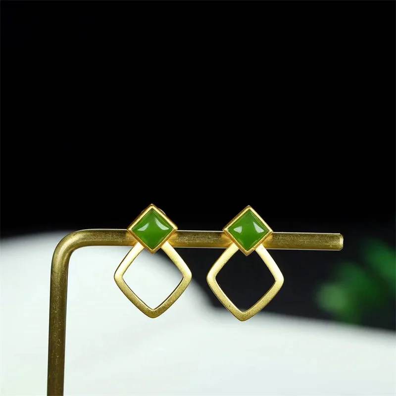 Hot Selling Natural Hand-carved 925 Silver Gufajin Inlaid  Jade Jasper Earrings Studs Fashion Jewelry Women Luck Gifts