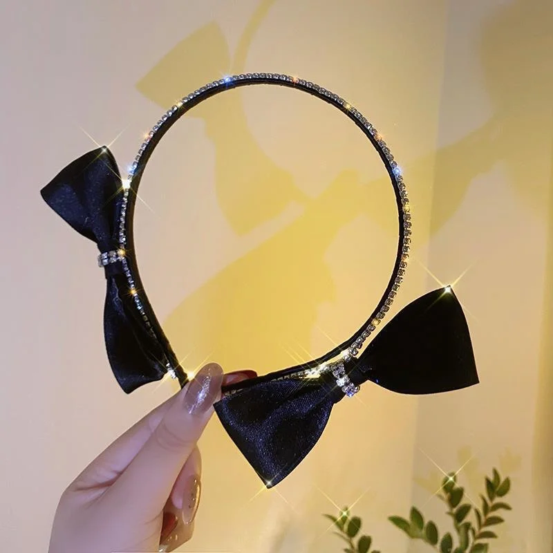 Korean Luxury Shiny Rhinestone Black Double-sided Bow Headband Womans Temperament Chic Hair Band Hair Hoop Hair Accessories Gift