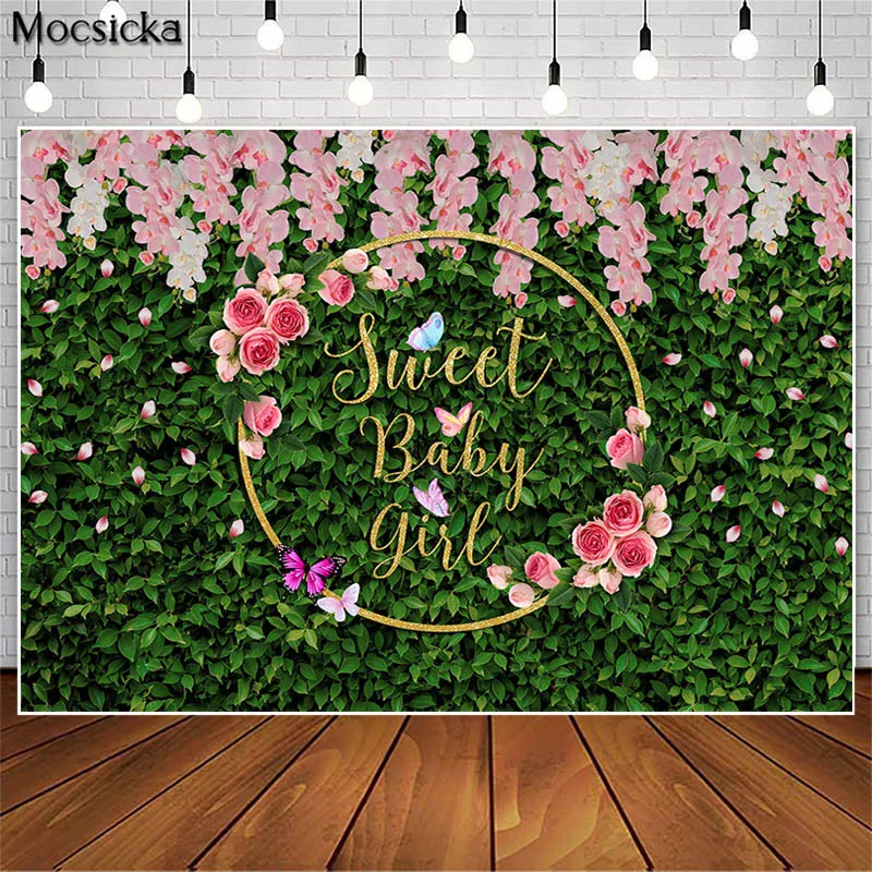 

Sweet Baby Shower Birthday Party Photoshoot Backdrops Green Leaf Wallpaper Poster Decoration Pink Flower Photography Background