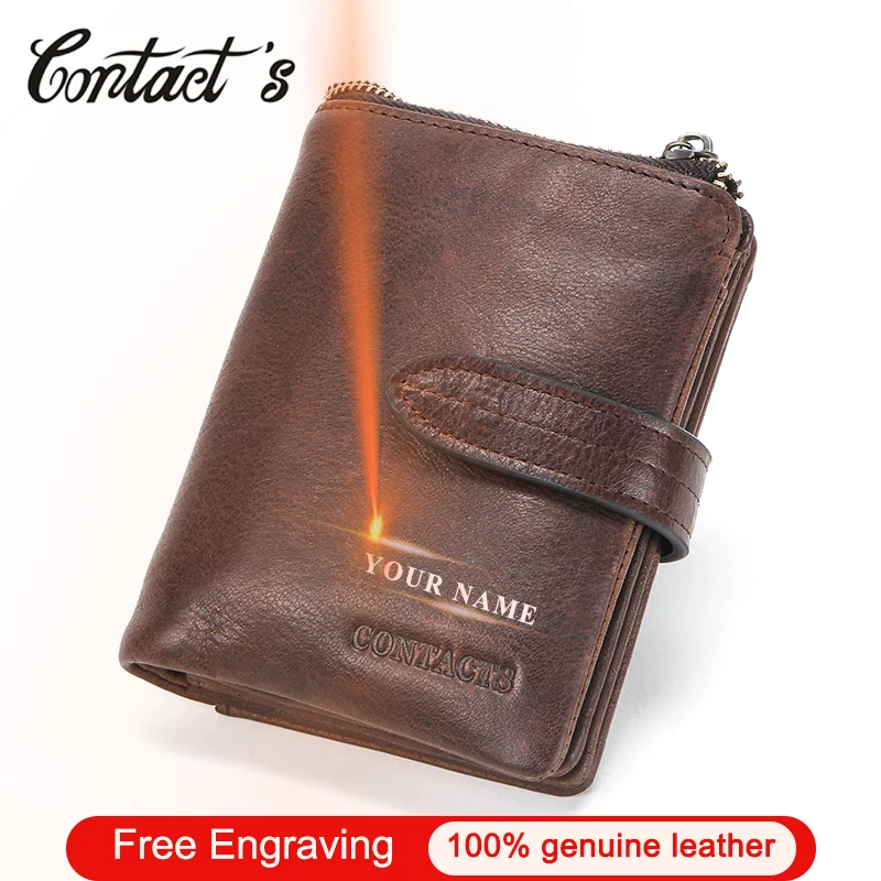 

Contact's Free Engraving 100% Crazy Horse Cow Leather Men Wallets Coin Purse Short Male Money Bag RFID Wallet Small Portfolio