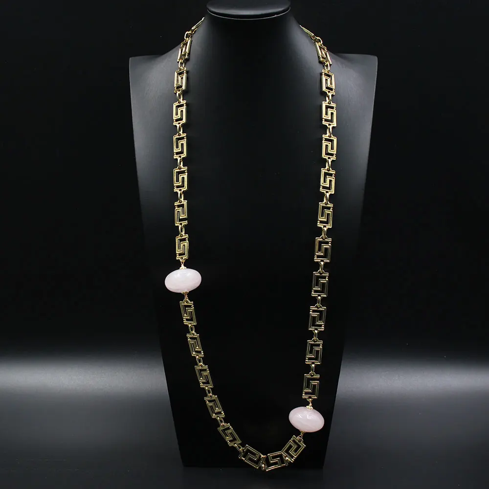 G-G Huge Natural Rondelle Rose Quartzs Bezel Set Gold Plated Chain Long Necklace Earrings Sets