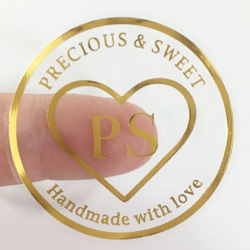 100 Stks/partij Custom Gold Folie Stickers Bruiloft Gunst Stickers Goudfolie Custom Stickers Custom Goud Verijdeld Clear Stickers