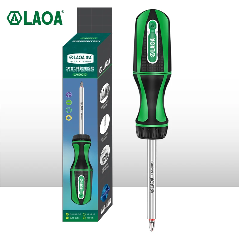 LAOA 10 in 1 Ratchet Screwdriver Set 10pcs S2 Phillips Slotted Torx Hexagon Screwdriver Bits 48T 20N.m Aluminum Rod Tools