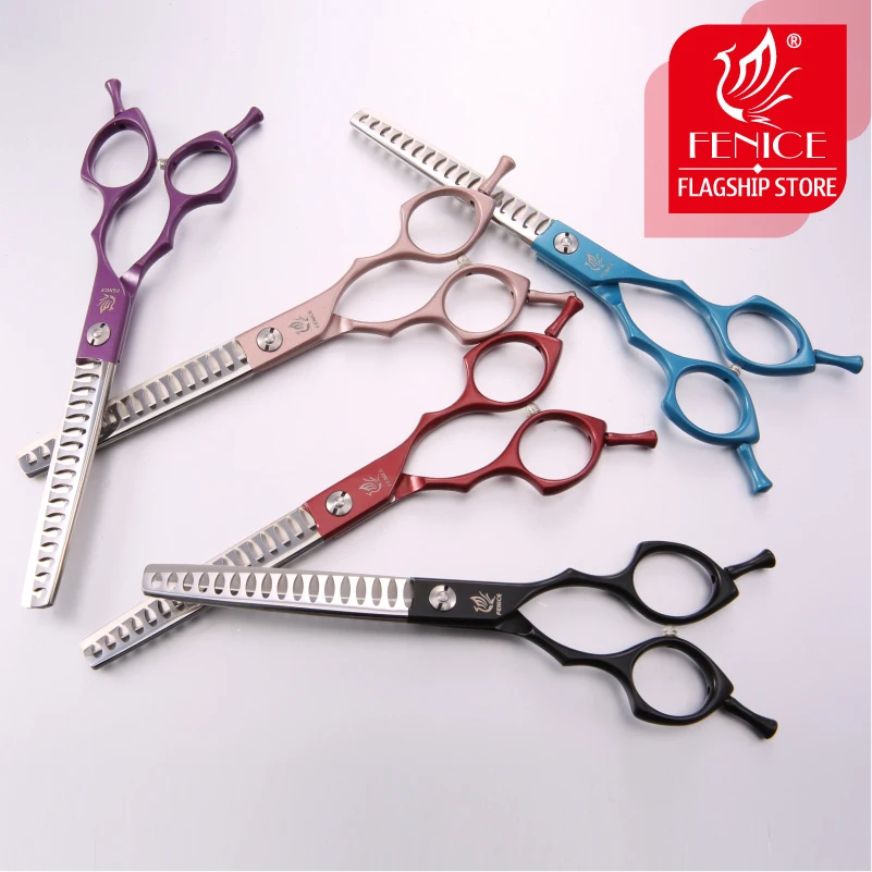 Fenice Jp440c Colorful 6.5 7.0 Inch Stainless Steel Pet 85% Thinning Scissors for Dog Grooming 17 teeth Thinner Chunker