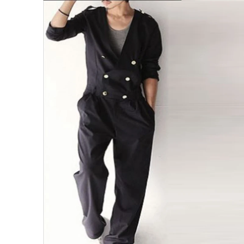 Jumpsuit Korean version of the trendy men's long-sleeved jumpsuit casual loose hairdresser double-breasted jumpsuit long pants