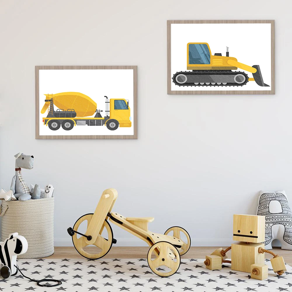 Yellow Construction Vehicles Art Canvas Painting Kids Room Decor Dump Trucks Digger Toddler Nursery Posters and Prints Boys Gift