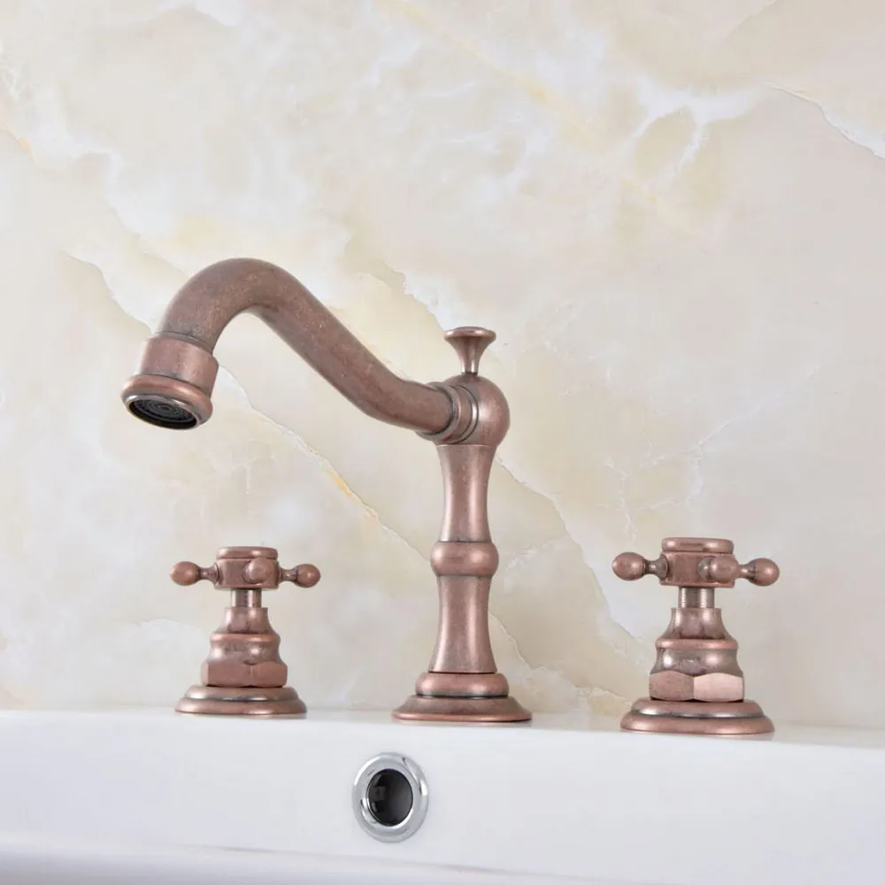 Vintage Retro Roman Red Antique Copper 2 Cross Handles Widespread 3 holes Bathroom Vessel Sink Faucet Cold/Hot Water Tap asf630