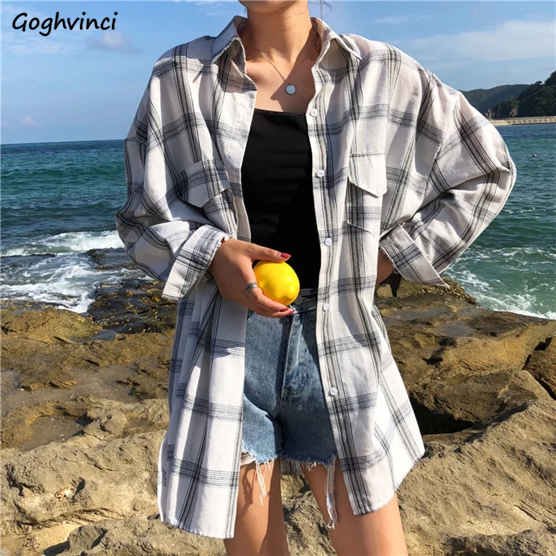 Shirts Women Plaid Vintage Long Single Breasted Korean Style Harajuku Womens Blouses Loose Casual Turn-Down Collar Tops Students