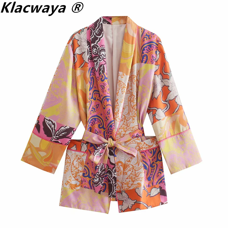 Klacwaya 2021 Women Shirts Vintage With Belt Printed Kimono Blouses + Female High Waist With Drawstring Short Pants Ladies Suit