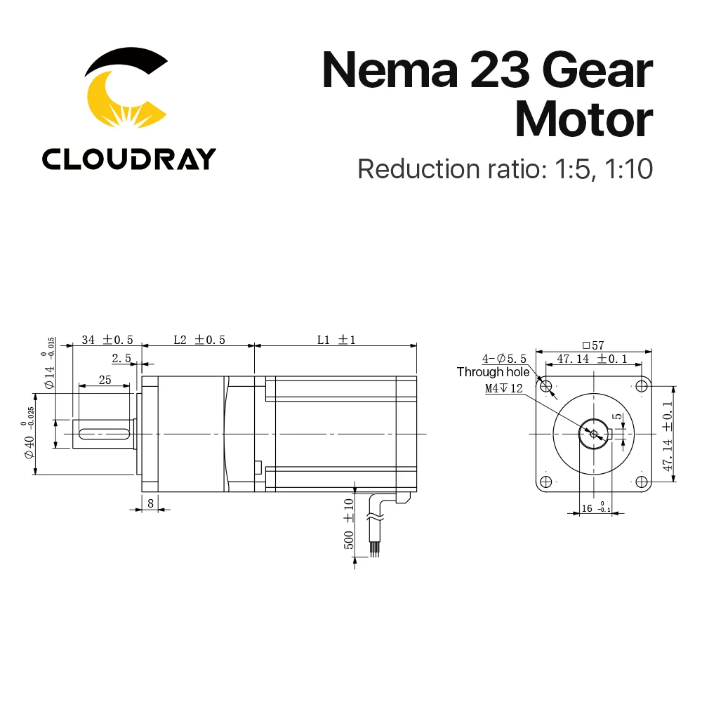 Imagem -04 - Cloudray-motor de Passo Nema 23 4-lead 0.9 1.3n.m Caixa de Velocidades Planetária Nema 23 Proporção 5:1 10:1 para Cnc