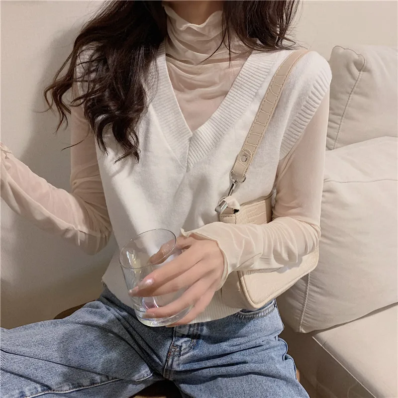 V neck Sweater Vest Spring Autumn Sleeveless Knit Pullover Sweater Korean Vintage Black White Beige Yellow Green Pink Vest