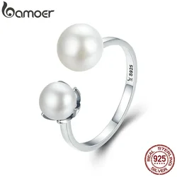 Bamoer 925 Sterling Silver Double Shell Pearl Adjustable Ring Luxury Quality Pearl Opening Ring for Women Fine Jewelry SCR192