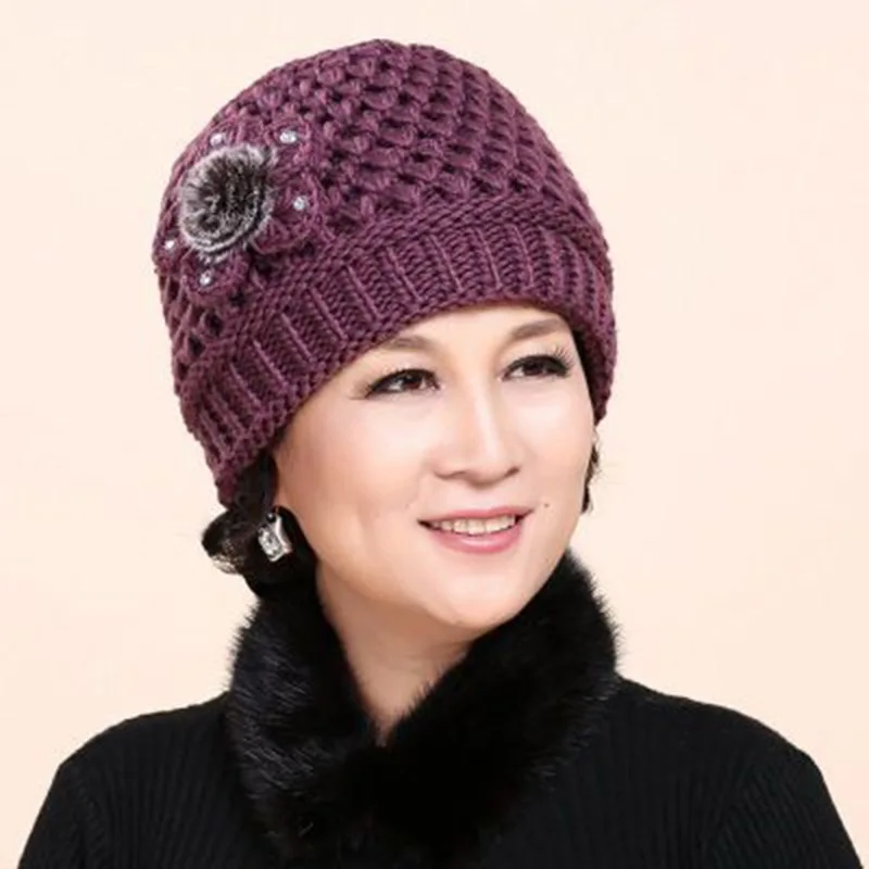 RUHAO Elegant women winter knitted hat flowers Caps Lady Headgear warm Beanies Middle-aged Women's Knitted Beanies Hats