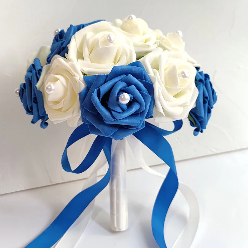 Blue Ribbon เจ้าสาวดอกไม้งานแต่งงานดอกกุหลาบโฟม PE ประดิษฐ์เพิร์ลเจ้าสาวสีขาวอุปกรณ์จัดงานแต่งงาน