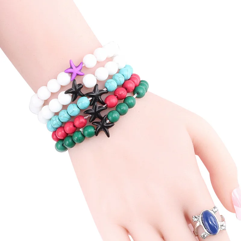 Fashion Starfish Blue Green Turquoises Beaded Bangles Bracelets Beach Charm Jewelry Sea Star Natural Stone Bracelet Couple Gifts