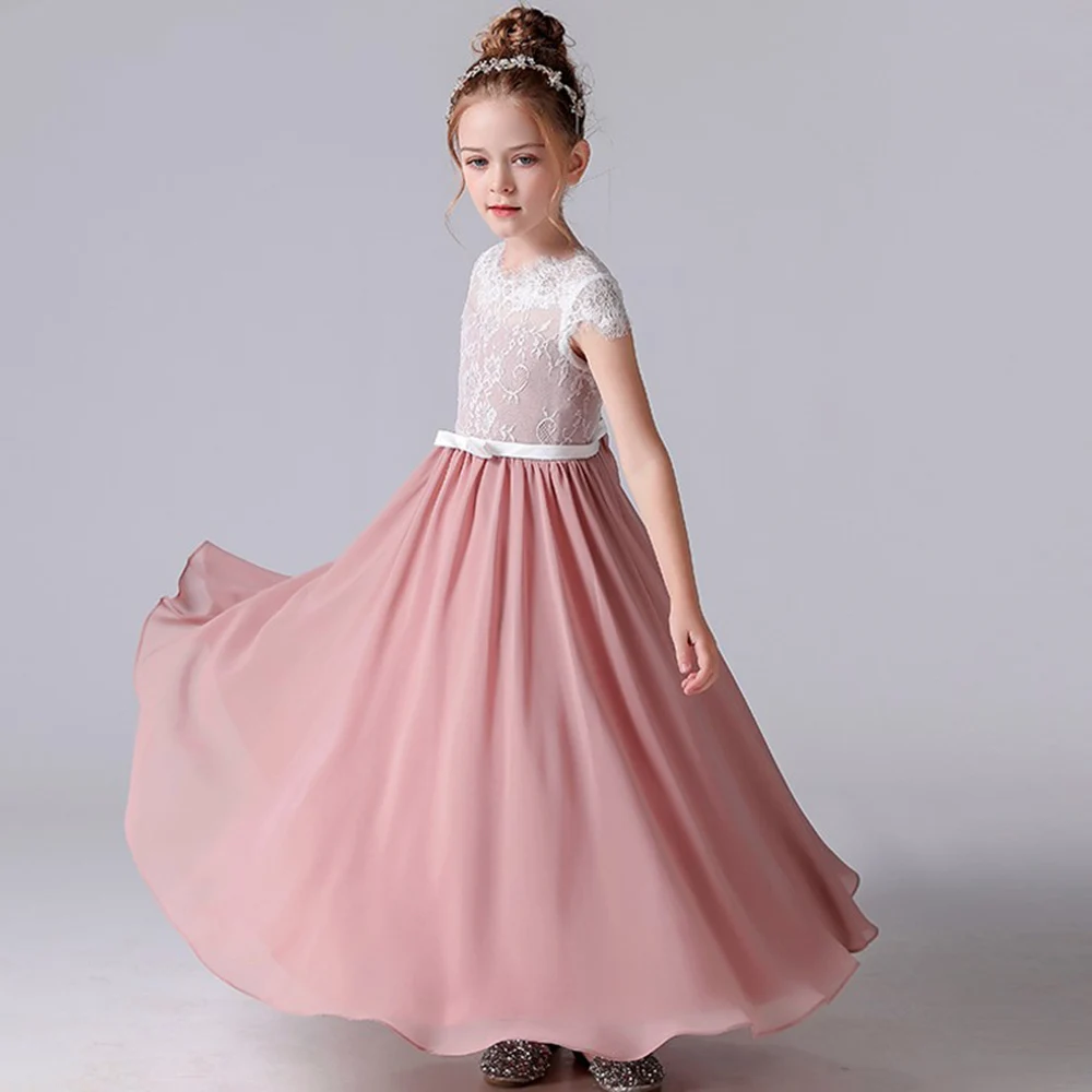 Dideyttawl Pink Long Lace Junior Bridesmaid Dress Short Sleeves Flower Girl Dresses Chiffon Girls Formal Birthday Party Gowns