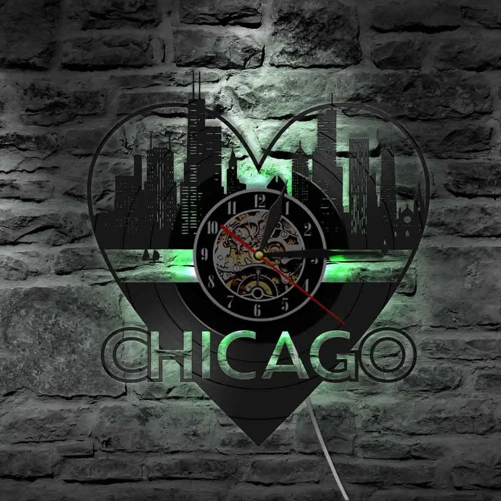 Chicago Cityscape Illinois of United States Vinyl Record Wall Clock City Skyline Wall Art Home Decor City Night View Wall Light