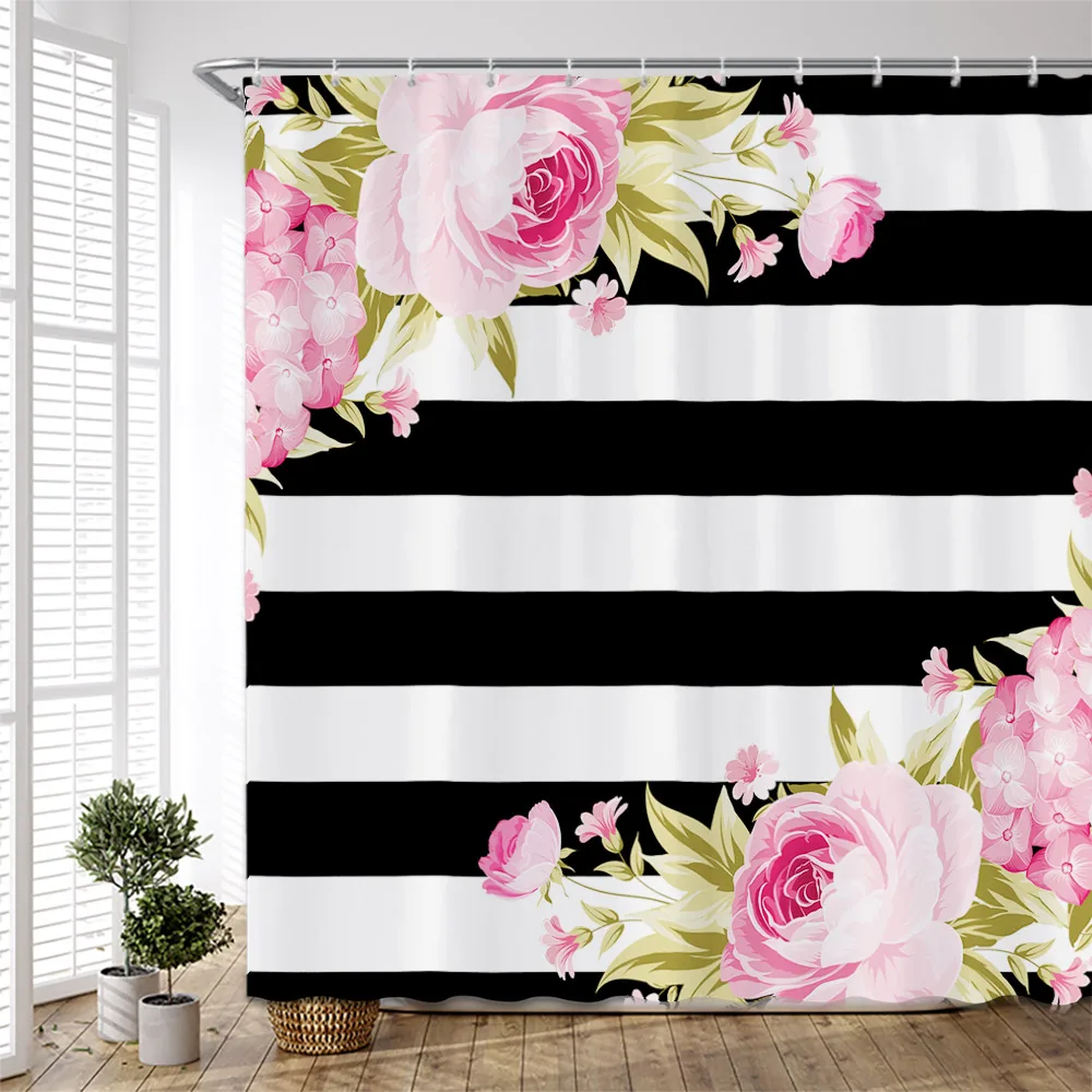 Natural Flower Black White Striped Shower Curtains Pink Rose Sunflower Poppies Floral Butterfly Fabric Bathroom Decor with Hooks