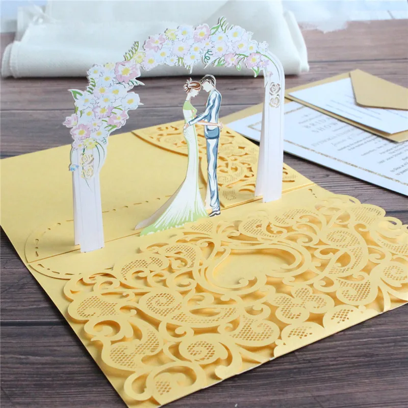 

Yellow wedding invitation set couple heart laser cut tri-fold pocket personalized invites RSVP 50 sets