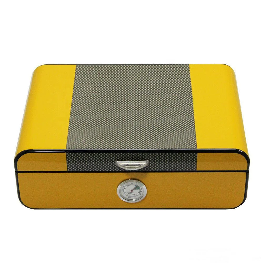 Handcrafted Yellow Carbon Fiber Cohiba Cedar Humidor with Front Hygrometer Cigar Box Fit For About 30 CTS