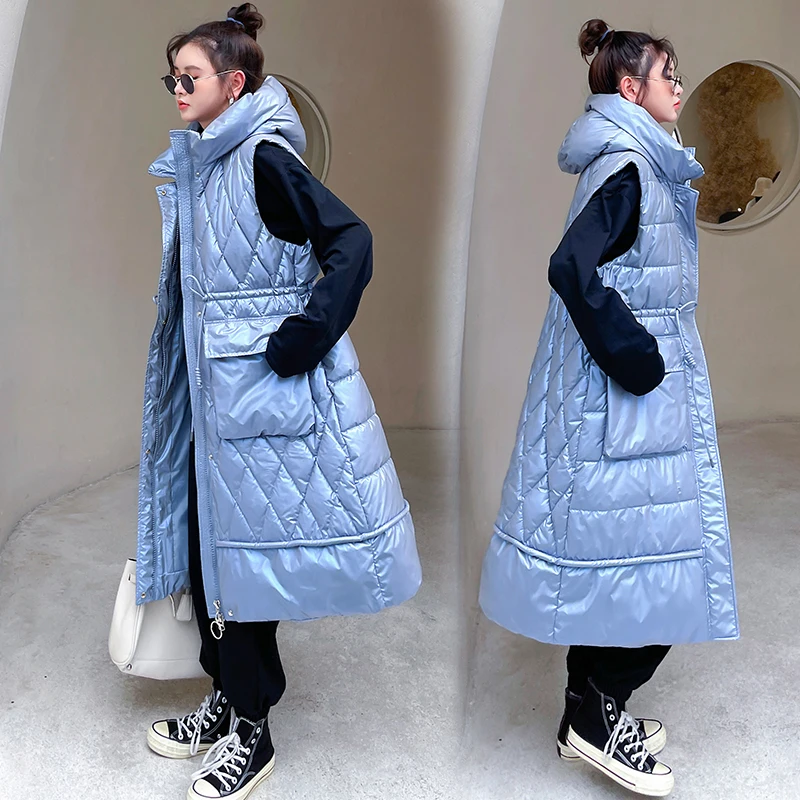 2024 Winter Long Vest Women Hooded Sleeveless Solid Plus Size Thick Parkas Woman Korean Style Loose Casual Thick Women\'s Jackets