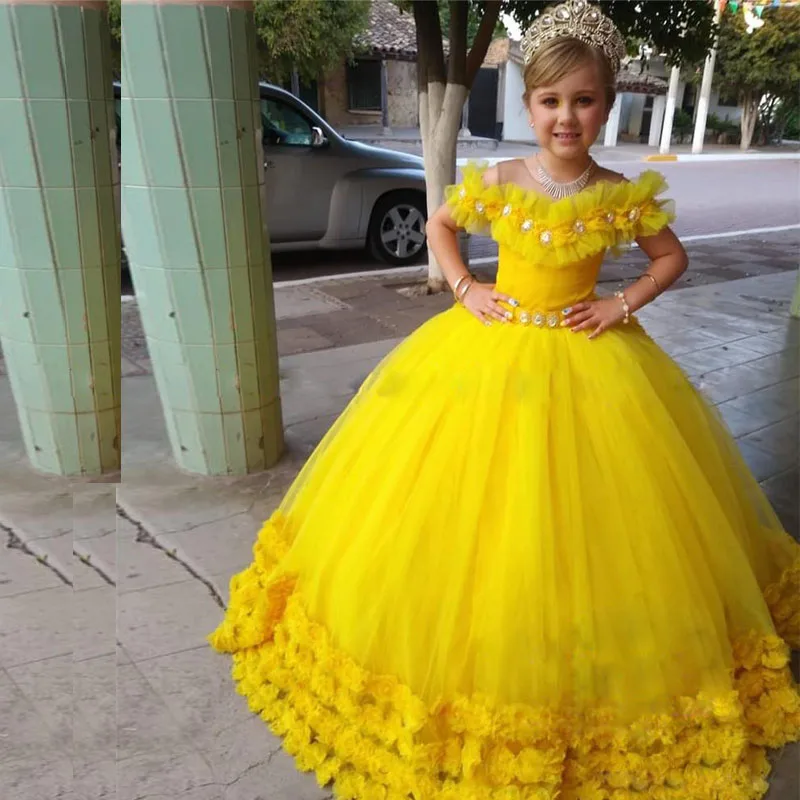 Prinzessin Gelb 3D Floral Mädchen Pageant Kleider 2020 Ballkleid Kristalle Off Schulter Mädchen Geburtstag Prom Party Kleider Für Kleinkind