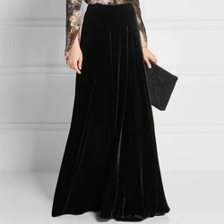 Mulheres Velvet A-line Maxi Saia, Elástico na Cintura, Veludo, Preto, Longo, Maxi, Outono, Inverno, Fashion, 2024, S-5XL