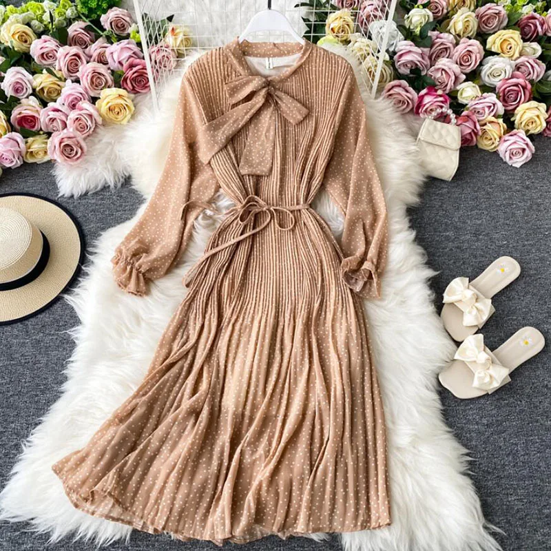 

Spring Summer Dress Elegant Polka Dot Print Chiffon Dress Bow Long Sleeve High waist Dresses Women Casual Vintage Clothes 2021