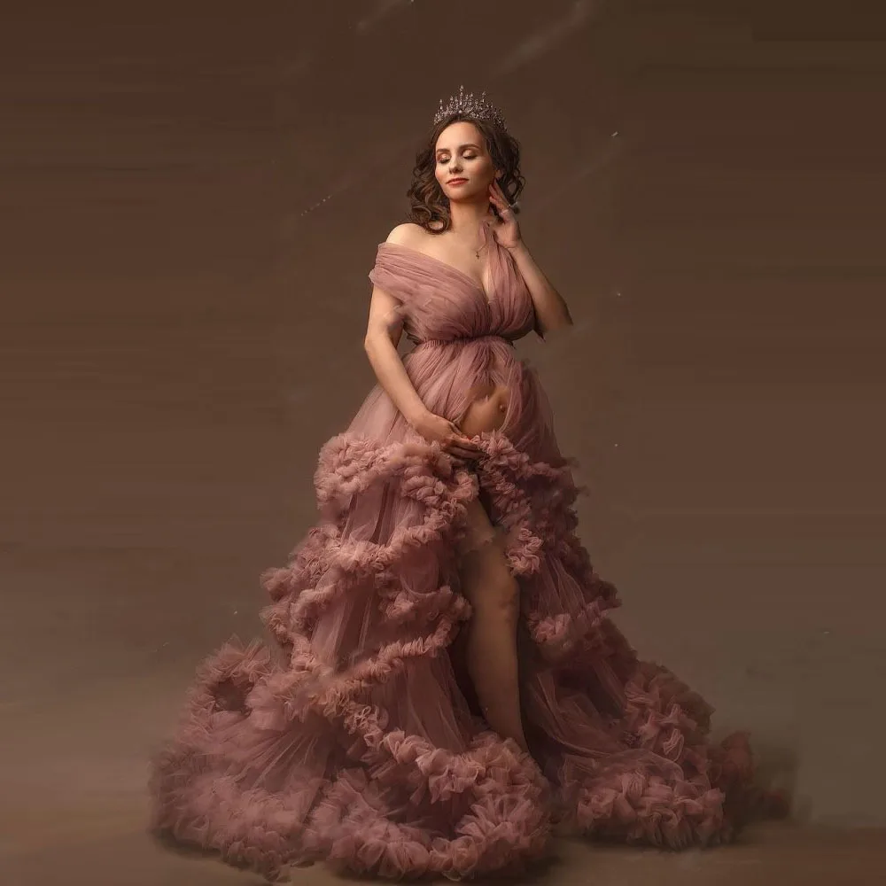 

New Arrival Pregnancy Gowns Ruffle Off Shoulder Tulle Dusty Pink Tiered Women Photography Maternity Dresses For Photo Shoot