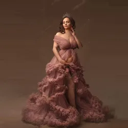 New Arrival Pregnancy Gowns Ruffle Off Shoulder Tulle Dusty Pink Tiered Women Photography Maternity Dresses For Photo Shoot