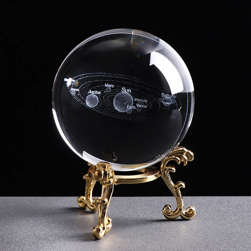 60/80/100mm Crystal Ball 3D Solar System Ball Crystal Globe Planets Model Sphere With LED/Crystal/Silver/Gold Base