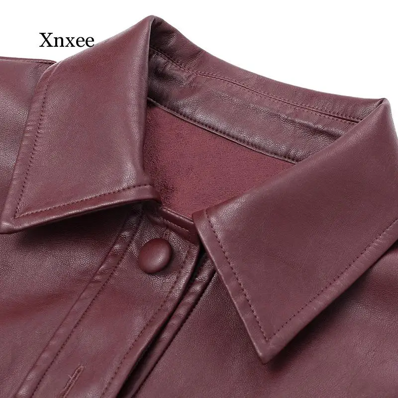 New Spring Autumn Lapel Long Sleeve Wine Red Pu Leather Belt Loose Big Size Jacket Women Coat Fashion Tide