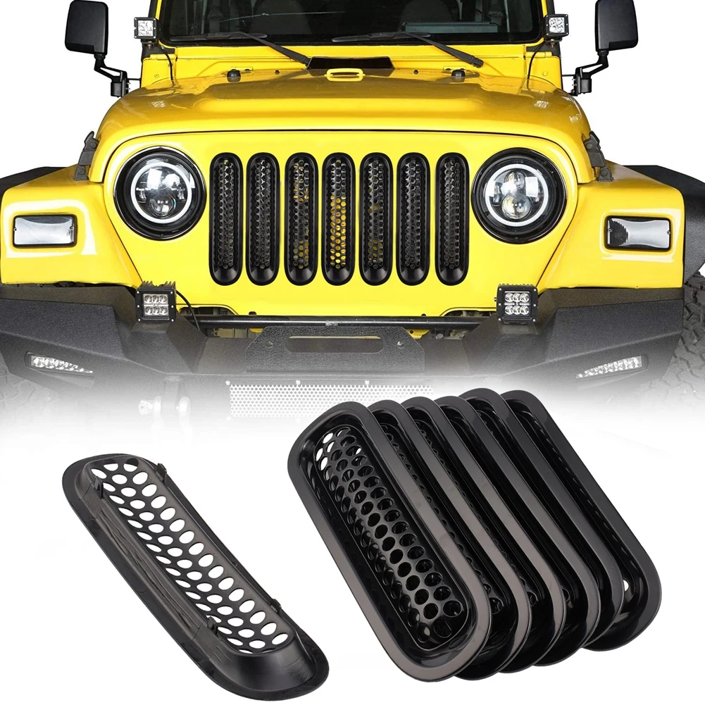 7Pcs ABS Front Grille Honeycomb Mesh Racing Grills Inserts Kit Fit for 2007-2017 Jeep Wrangler JK Exterior Accessories