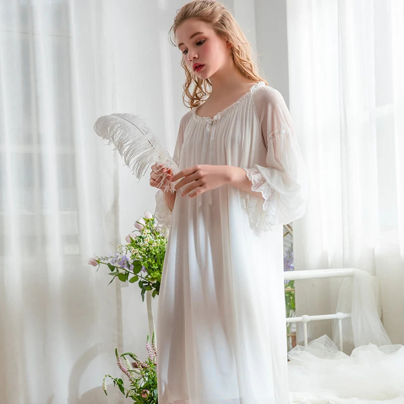 Hanxiuju Vintage Long Nightgowns For Lady Three Quarter Sleeve Royal Princess Gauze Modal Loose Nightdress  Sleepwear