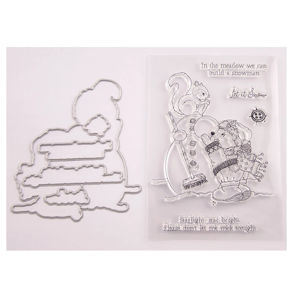 

Christmas Winter Snowman Squirrel Clear Stamp and Die Set DIY Scrapbook Kids Birthday Album Rubber Metal Cutting Die Gift Card