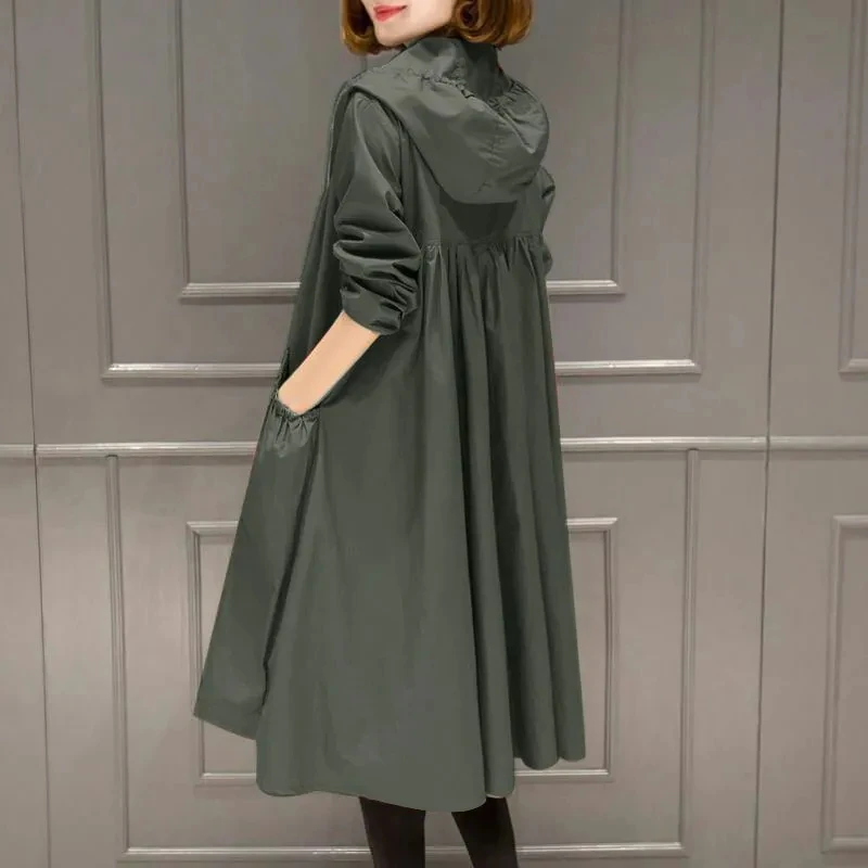 Women\'s Long Trench Coat Spring Autumn Solid Color Hooded Loose Straight Overcoat Big Size Female Elegant Vintage Windbreaker