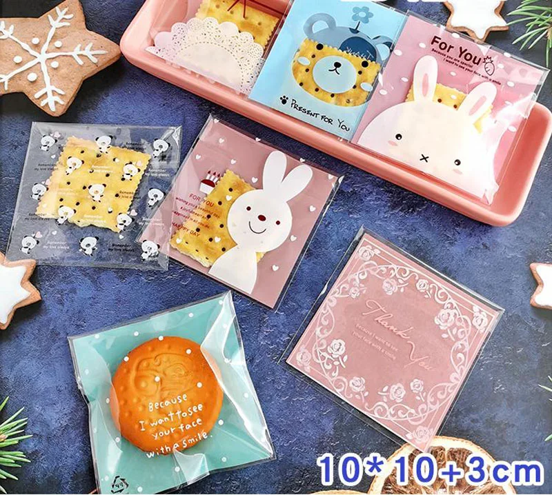 

400pcs Self Adhesive Seal Bakery Bread Plastic Wrap Bag ,10x10+3cm Gift Pouch Different Parterns Cookies Candy Party Packing