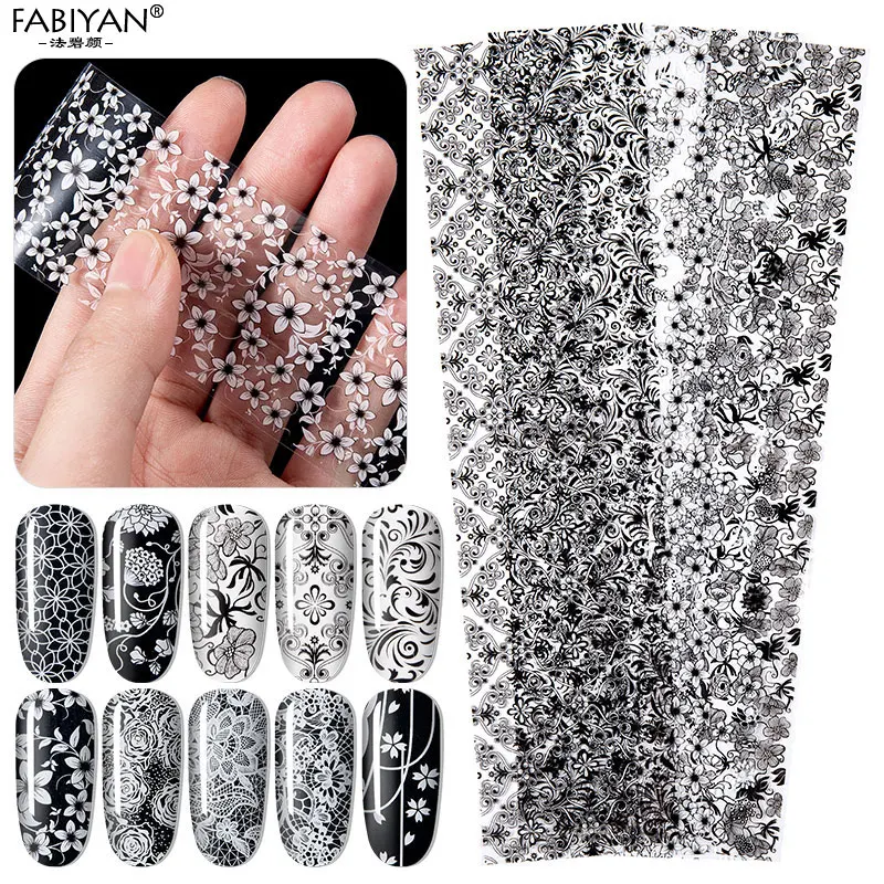 10pcs Nail Art Black White Lace Sticker Foils Floral Decal Decoration Transfer Wrap Tips DIY Design Flower Polish Manicure Tools