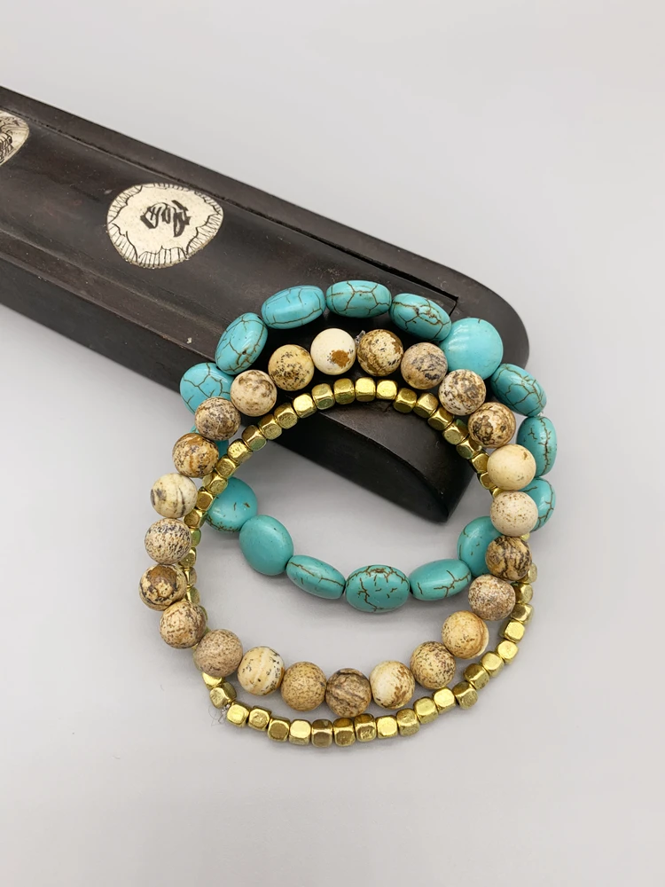 FoLisaUnique Gold Plated Beads Stretchy Jasper Turquoise Bracelet For Women
