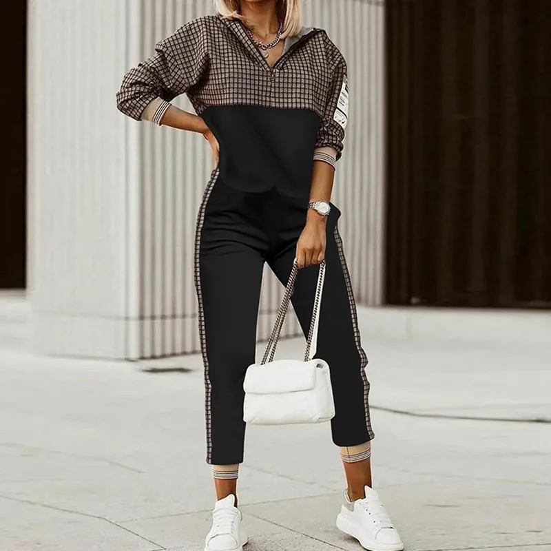 

Women Spring Tracksuits Elegant Patchwork Print 2PC Sets Long Sleeve V-Neck Pullover Top Loose Long Pants Casual Outfit Jogging