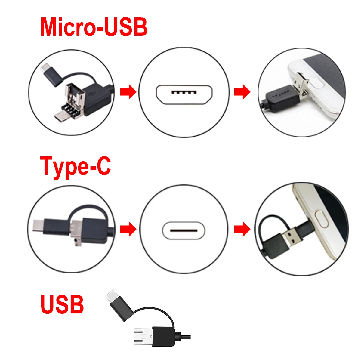 Cámara endoscópica 720P 3 en 1, boroscopio con USB Dual, 2m, 5m, 10m, Cable duro, cámara de inspección de serpiente, 8mm, 6 LED, para Android, PC