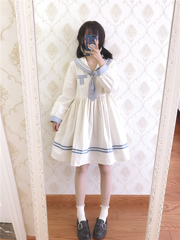 Japanese fresh navy collar long sleeve JK uniform style doll dress college style cute sweet high waist victorian dress cosplay