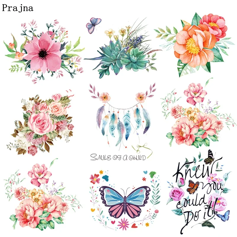 Prajna Colorful Flower Iron On Transfers Vynil Heat Transfer Butterfly Ironing Thermal Patches For Clothing DIY Cartoon Stickers