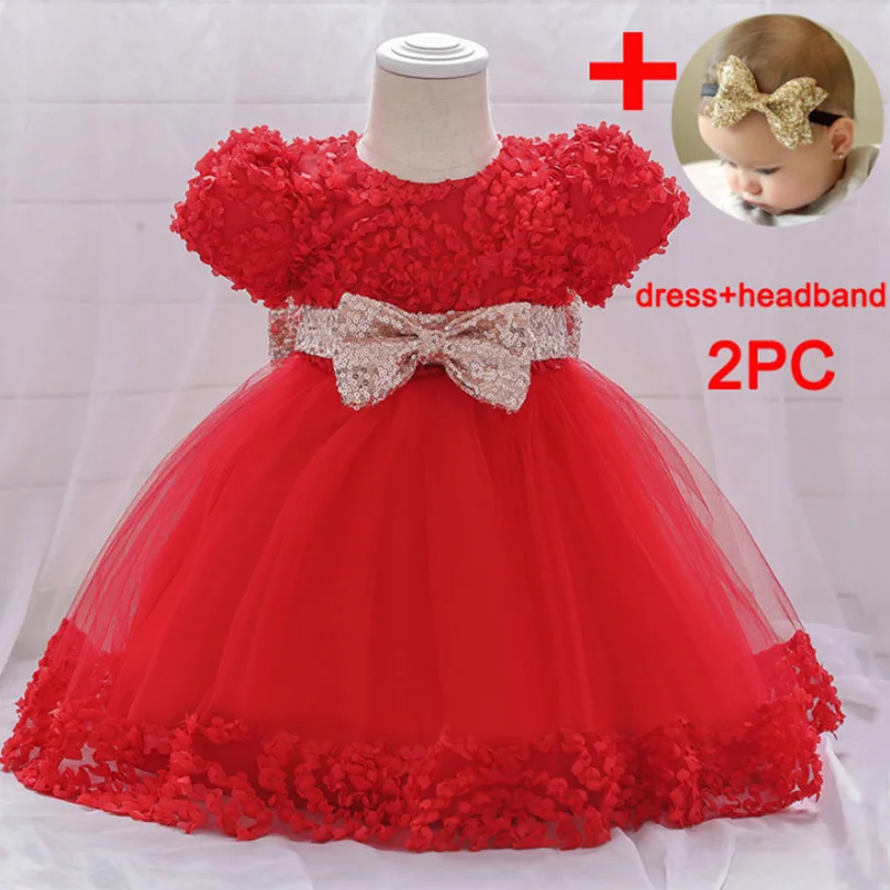 PLBBFZ Send Headban Pink Sequin Baby Girl Dress First Birthday Dress For Kids Christening Big Bow Party Wedding Princess Dresse