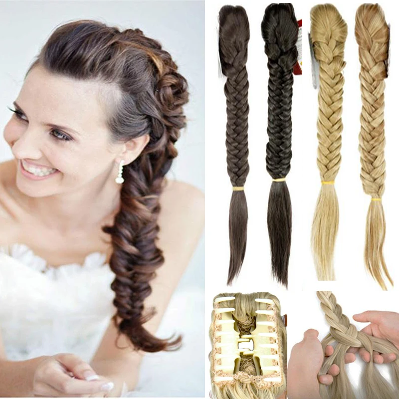 Braided Ponytail Fishtail Braid Synthetic Hair 22 Inch Hair Long Straight Ponytail Clip In Extensions Hairpiece