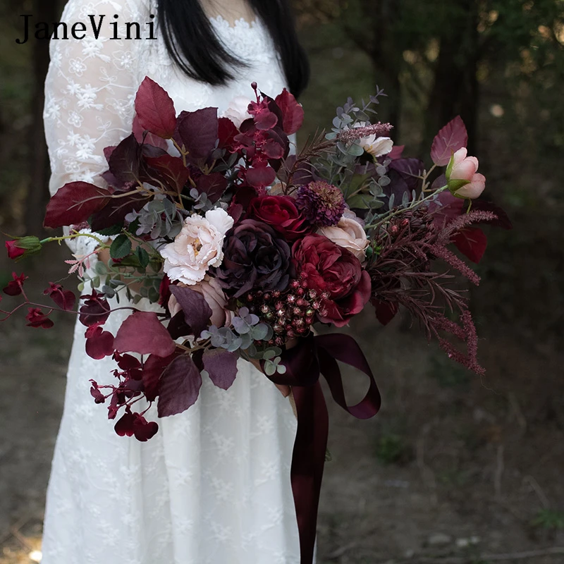 

JaneVini Vintage 2021 New European Burgundy Bridal Bouquets Flowers Handmade Silk Roses Autumn Wedding Fake Bouquet Accessories